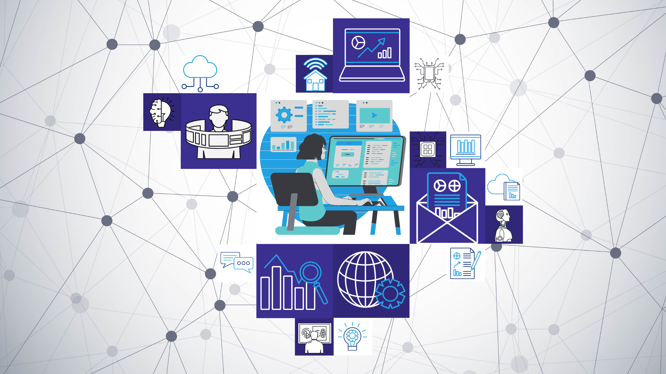 A imagem contém diversos quadros em branco e tons de azul com ícones relacionados à tecnologia da informação, tais como nuvens, dados, gráficos, robôs, computadores, etc. Em destaque no quadro central uma pessoa sentada analisando dados em uma tela de computador.