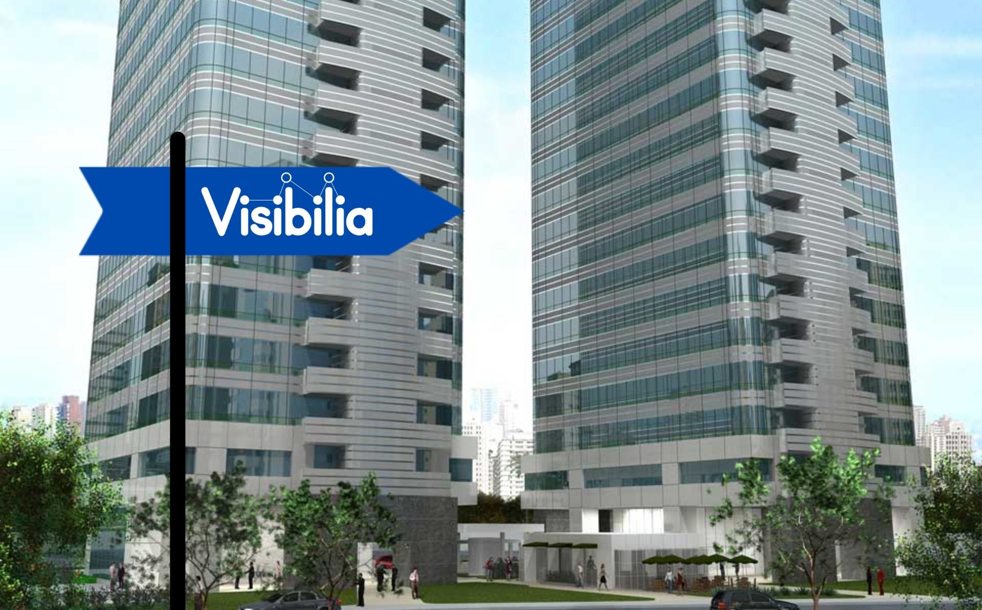 Imagem do novo prédio da Visibilia, com, na frente, uma placa animada preta e azul com o logo da empresa.